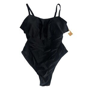 Kona Sol womans one piece bathing suit swimwear plus size 22 black ruffle front